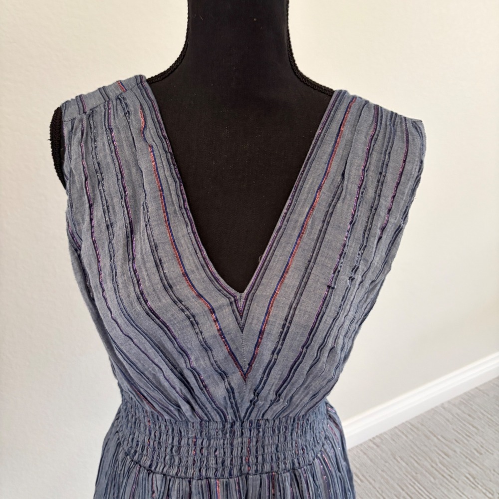 INC Midi Shimmer Dress‎ Womens Blue Purple Striped Smocked Waist Metallic Slit - Picture 5 of 11